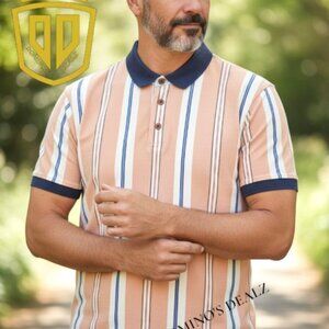 Haggar Polo Shirt L BNWT PEACH Blue Red White Stripe 100% Cotton Collared Polo